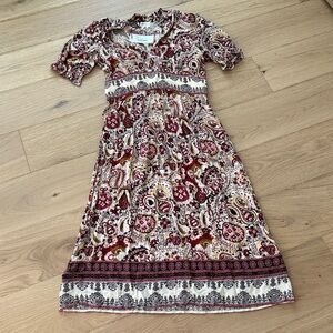 BA&SH Bash Zael Paisley Midi Dress Bohemian Crepe Midi Floral Pink Red Large